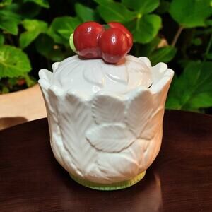 Lefton Jelly Jar Leaves Cherry Lid Vintage Kitchy Fruit